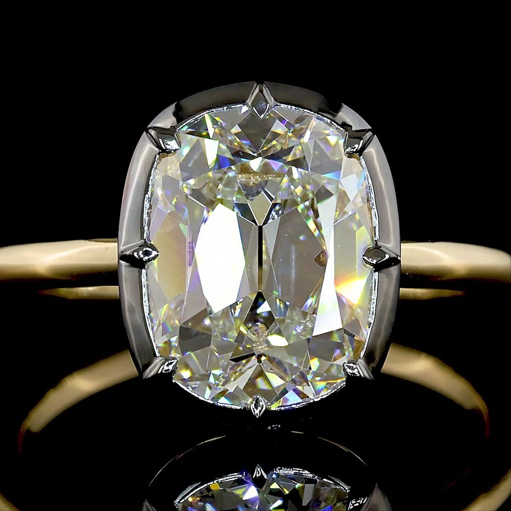 14K Yellow Gold Antique Cushion Cut Solitaire Ring with Black Rhodium Bezel Setting and 3.28 Carat Lab Diamond E-F VS1 - Covaloro Fine Jewelry