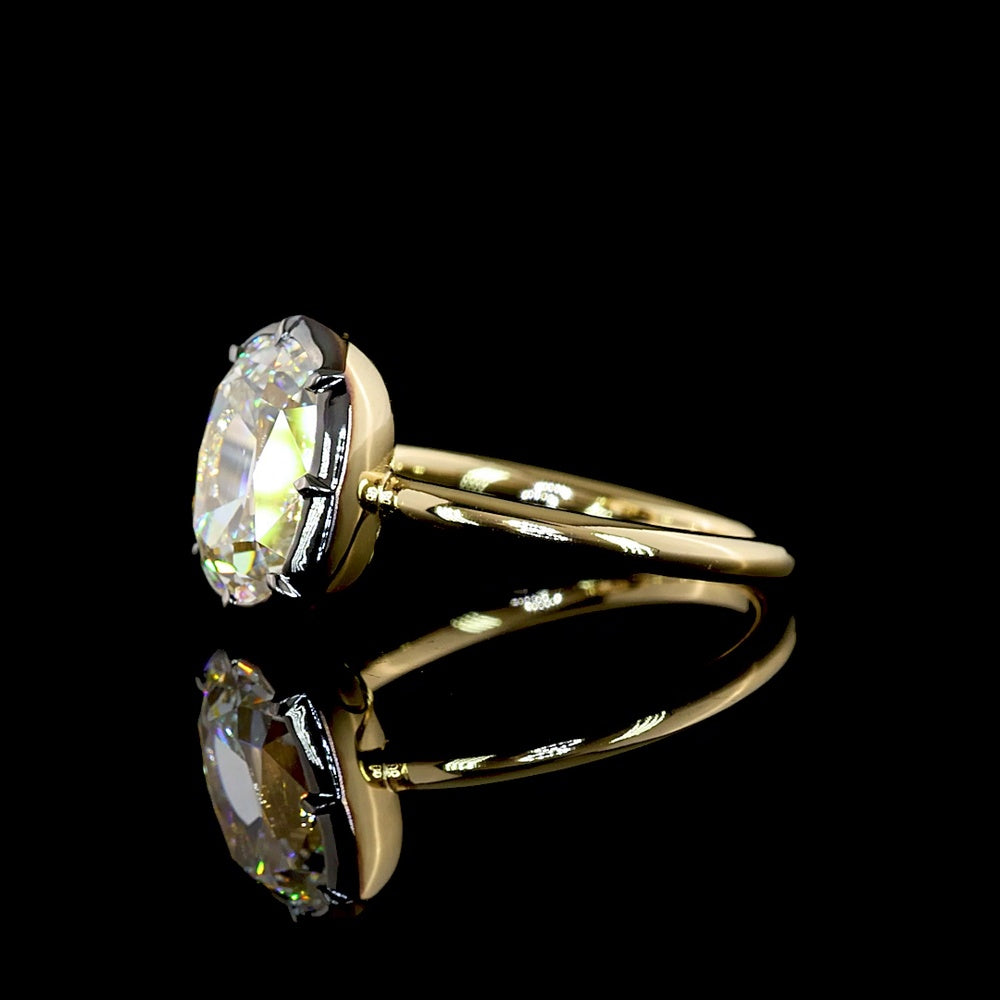 14K Yellow Gold Antique Cushion Cut Solitaire Ring with Black Rhodium Bezel Setting and 3.28 Carat Lab Diamond E-F VS1 - Covaloro Fine Jewelry