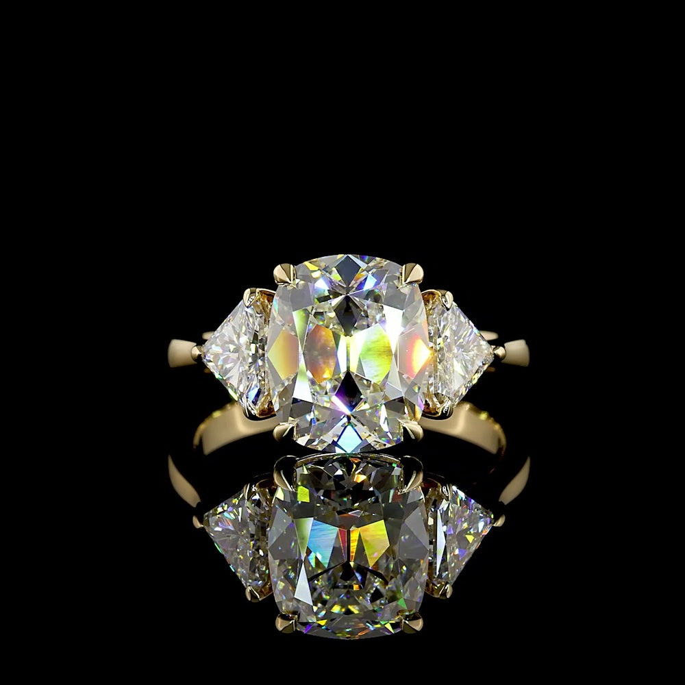 14K Yellow Gold Antique Cushion Three Stone Ring with Half-Moon Lab Diamonds - 4.58 Carat Total Weight (3.58 Carat Center E VVS2) - Covaloro Fine Jewelry