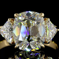 14K Yellow Gold Antique Cushion Three Stone Ring with Half-Moon Lab Diamonds - 4.58 Carat Total Weight (3.58 Carat Center E VVS2) - Covaloro Fine Jewelry