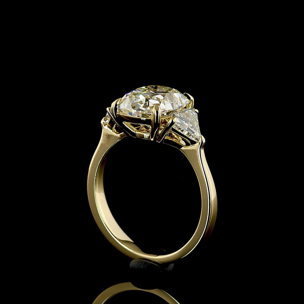 14K Yellow Gold Antique Cushion Three Stone Ring with Half-Moon Lab Diamonds - 4.58 Carat Total Weight (3.58 Carat Center E VVS2) - Covaloro Fine Jewelry