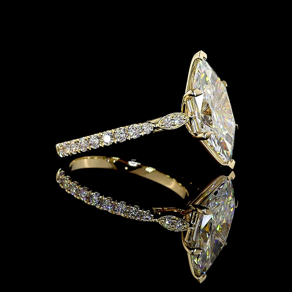 14K Yellow Gold Antique Marquise Cut Solitaire Ring with Brilliant Diamond Shank - 3.65 Carat Total Lab Diamond Weight - Covaloro Fine Jewelry
