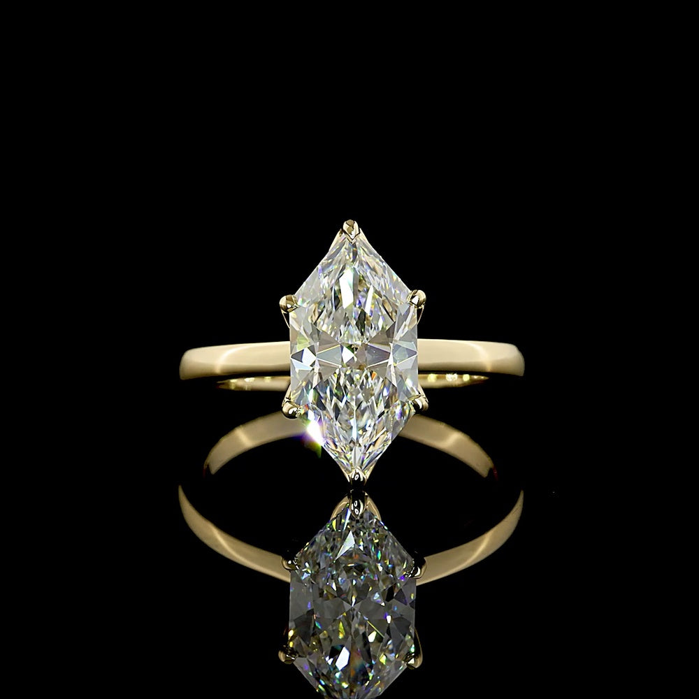 14K Yellow Gold Antique Marquise Solitaire Ring with 2.59 Carat Lab-Grown E-VVS2 Diamond - IGI Certified - Covaloro Fine Jewelry