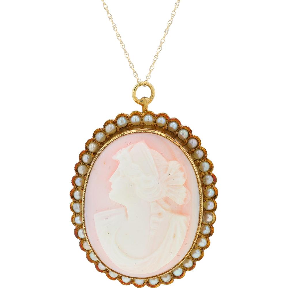 14K Yellow Gold Antique Pink Coral & Pearl Cameo Pendant Necklace - 18" Chain