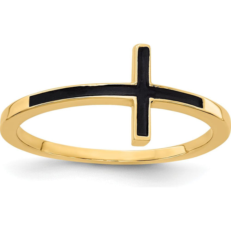 14K Yellow Gold Antiqued Sideways Cross Ring - Minimalist Religious Design by 0