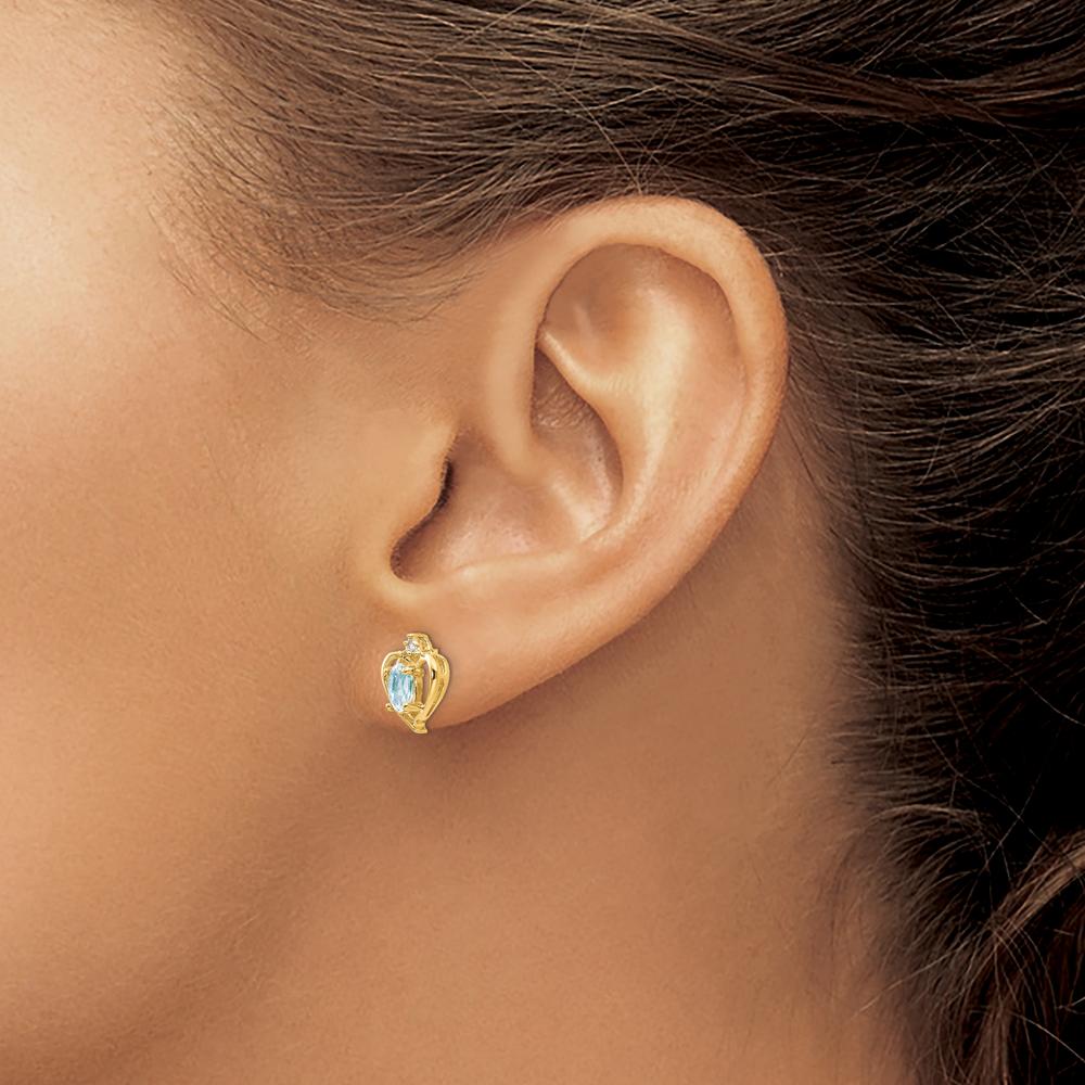 14K Yellow Gold Aquamarine and Diamond Heart Earrings with Oval Aquamarine and Round Diamond - 0.293 Carat Total Aquamarine Weight, 0.01 Carat Total Diamond Weight by Oro Pregiato