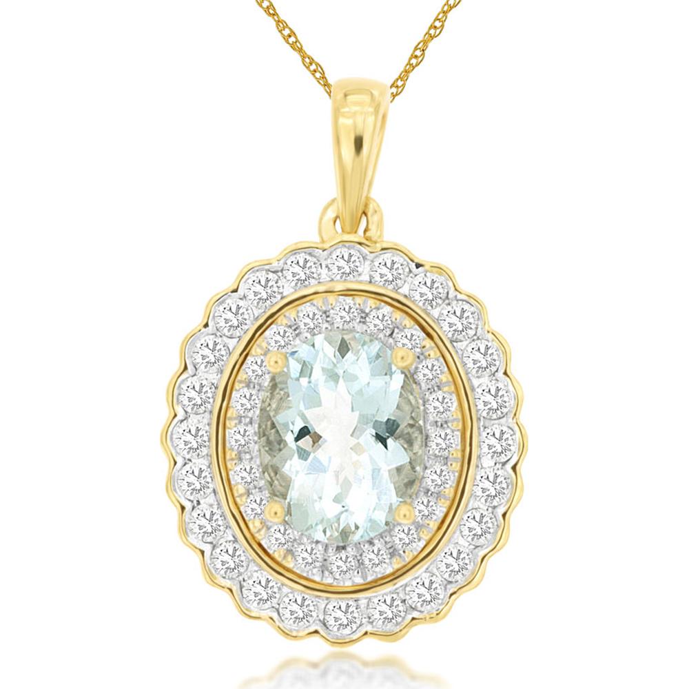 14K Yellow Gold Aquamarine Pendant with Diamond Halo - 1.5 Carats Aquamarine, 0.62 Carats Total Diamond Weight