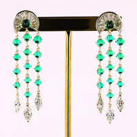 14K Yellow Gold Art Deco Style Drop Earrings with Green Emerald and Marquise Cut Clear Stones - 3.86 Carat Total Gem Weight - Covaloro Fine Jewelry