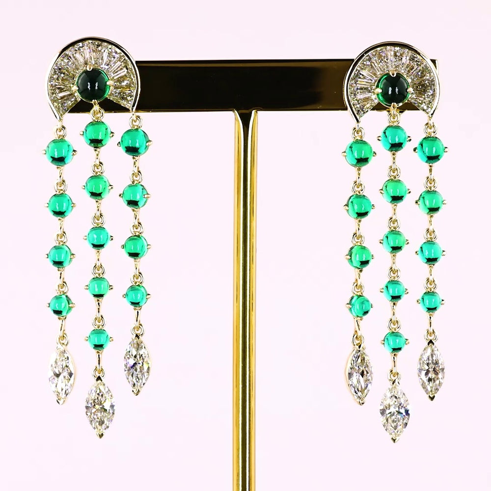 14K Yellow Gold Art Deco Style Drop Earrings with Green Emerald and Marquise Cut Clear Stones - 3.86 Carat Total Gem Weight - Covaloro Fine Jewelry