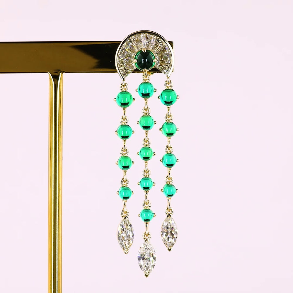 14K Yellow Gold Art Deco Style Drop Earrings with Green Emerald and Marquise Cut Clear Stones - 3.86 Carat Total Gem Weight - Covaloro Fine Jewelry