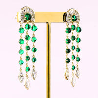 14K Yellow Gold Art Deco Style Drop Earrings with Green Emerald and Marquise Cut Clear Stones - 3.86 Carat Total Gem Weight - Covaloro Fine Jewelry