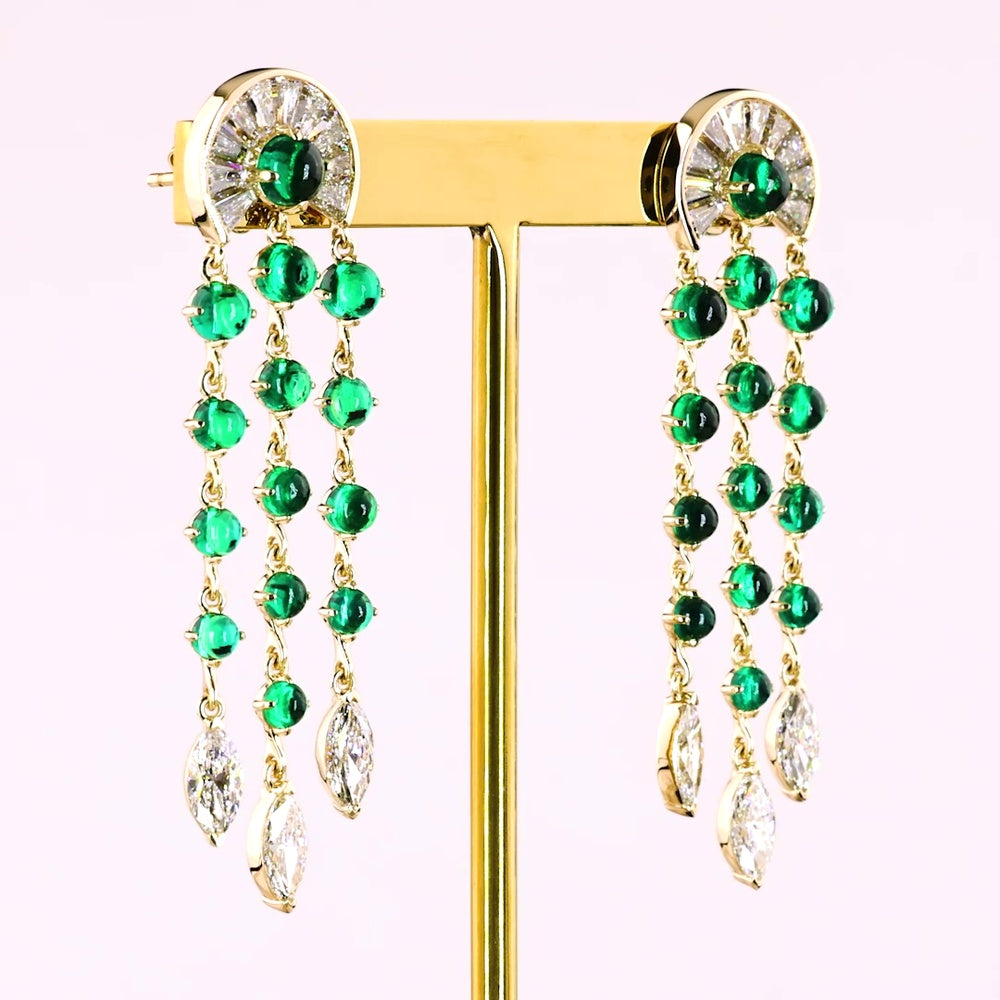 14K Yellow Gold Art Deco Style Drop Earrings with Green Emerald and Marquise Cut Clear Stones - 3.86 Carat Total Gem Weight - Covaloro Fine Jewelry