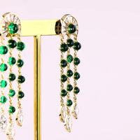 14K Yellow Gold Art Deco Style Drop Earrings with Green Emerald and Marquise Cut Clear Stones - 3.86 Carat Total Gem Weight - Covaloro Fine Jewelry