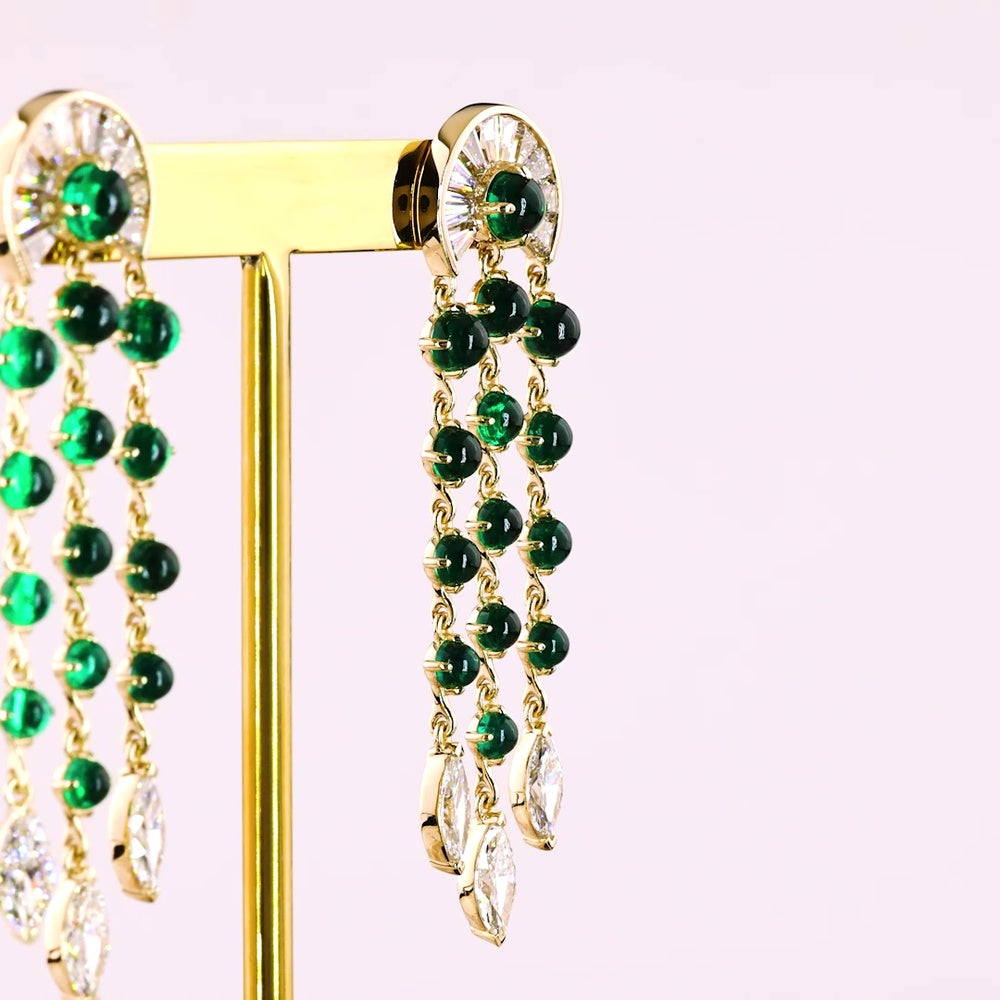 14K Yellow Gold Art Deco Style Drop Earrings with Green Emerald and Marquise Cut Clear Stones - 3.86 Carat Total Gem Weight - Covaloro Fine Jewelry