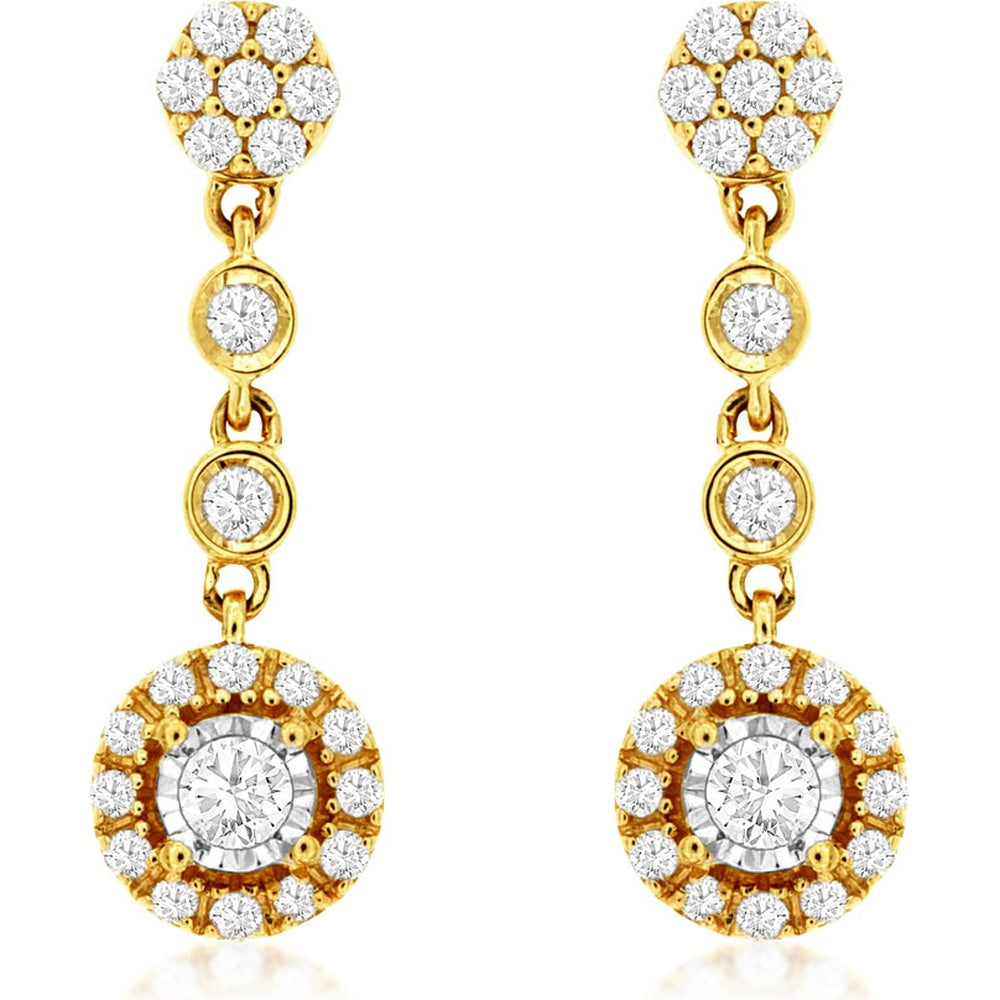 14K Yellow Gold Articulated Drop Earrings with Pavé Cluster and Halo Set Round Diamonds - 0.40 Carat Total Diamond Weight - Royal Jewelry