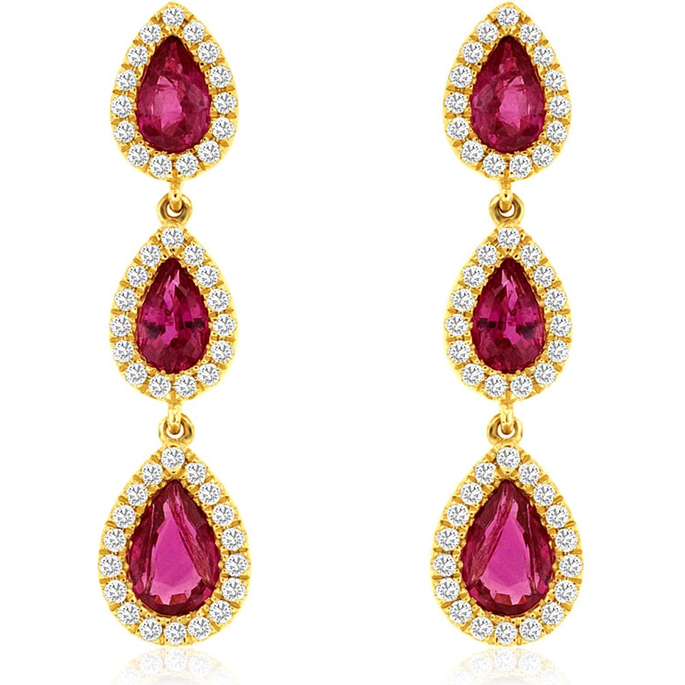 14K Yellow Gold Articulated Drop Earrings with Pear-Shaped Rubies and Diamond Halos - 1.85 Carat Total Ruby Weight and 0.36 Carat Total Diamond Weight - Royal Jewelry
