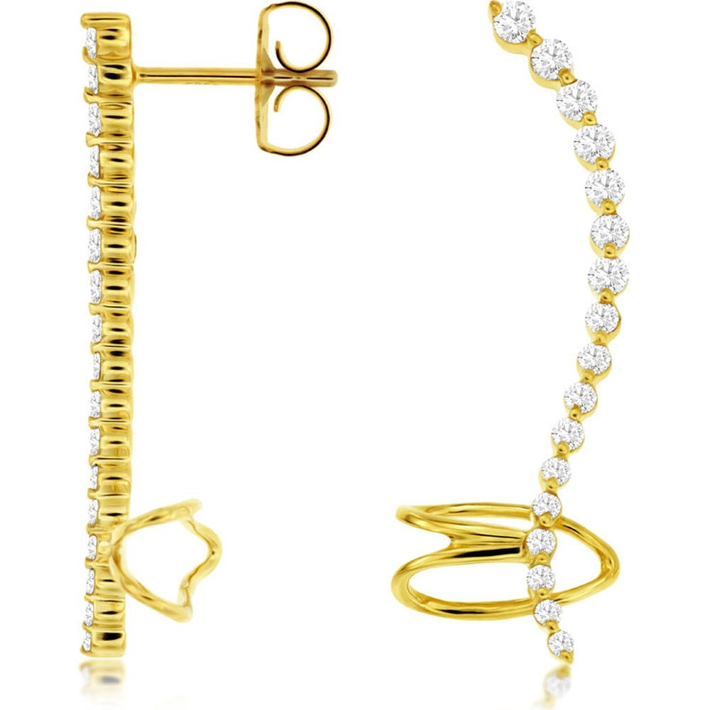 14K Yellow Gold Articulated Drop Earrings with Round Brilliant Diamonds and Lower Ear Cuff - 0.52 Carat Total Diamond Weight - Royal Jewelry