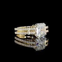 14K Yellow Gold Asscher Cut Bezel Set Lab Diamond Ring with Split Shank Double Row Diamond Band - 4.50 Total Carat Weight, IGI Certified E-F VS1 - Covaloro Fine Jewelry