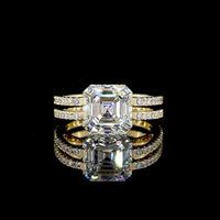 14K Yellow Gold Asscher Cut Bezel Set Lab Diamond Ring with Split Shank Double Row Diamond Band - 4.50 Total Carat Weight, IGI Certified E-F VS1 - Covaloro Fine Jewelry