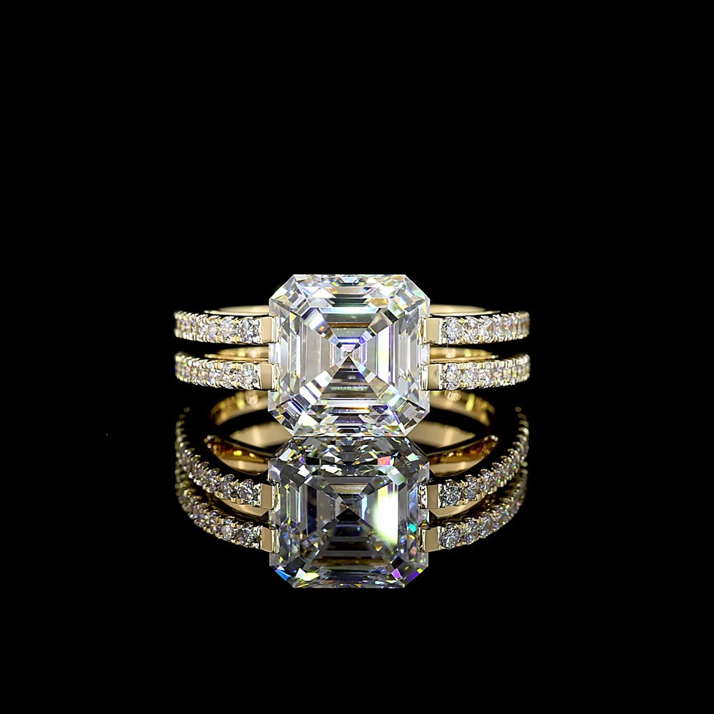 14K Yellow Gold Asscher Cut Bezel Set Lab Diamond Ring with Split Shank Double Row Diamond Band - 4.50 Total Carat Weight, IGI Certified E-F VS1 - Covaloro Fine Jewelry