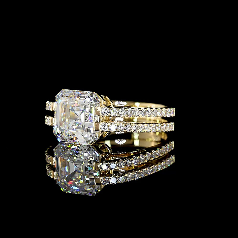 14K Yellow Gold Asscher Cut Bezel Set Lab Diamond Ring with Split Shank Double Row Diamond Band - 4.50 Total Carat Weight, IGI Certified E-F VS1 - Covaloro Fine Jewelry