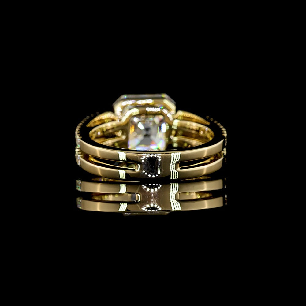 14K Yellow Gold Asscher Cut Bezel Set Lab Diamond Ring with Split Shank Double Row Diamond Band - 4.50 Total Carat Weight, IGI Certified E-F VS1 - Covaloro Fine Jewelry