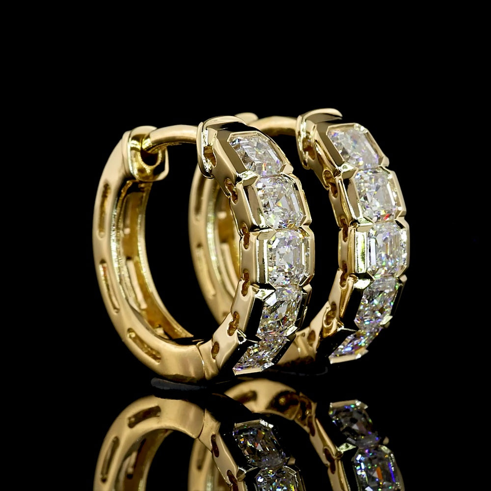 14K Yellow Gold Asscher Cut Diamond Huggie Earrings with Half Bezel Setting - 1.01 Carat Total Weight, E-F Color, VS+ Clarity - Covaloro Fine Jewelry