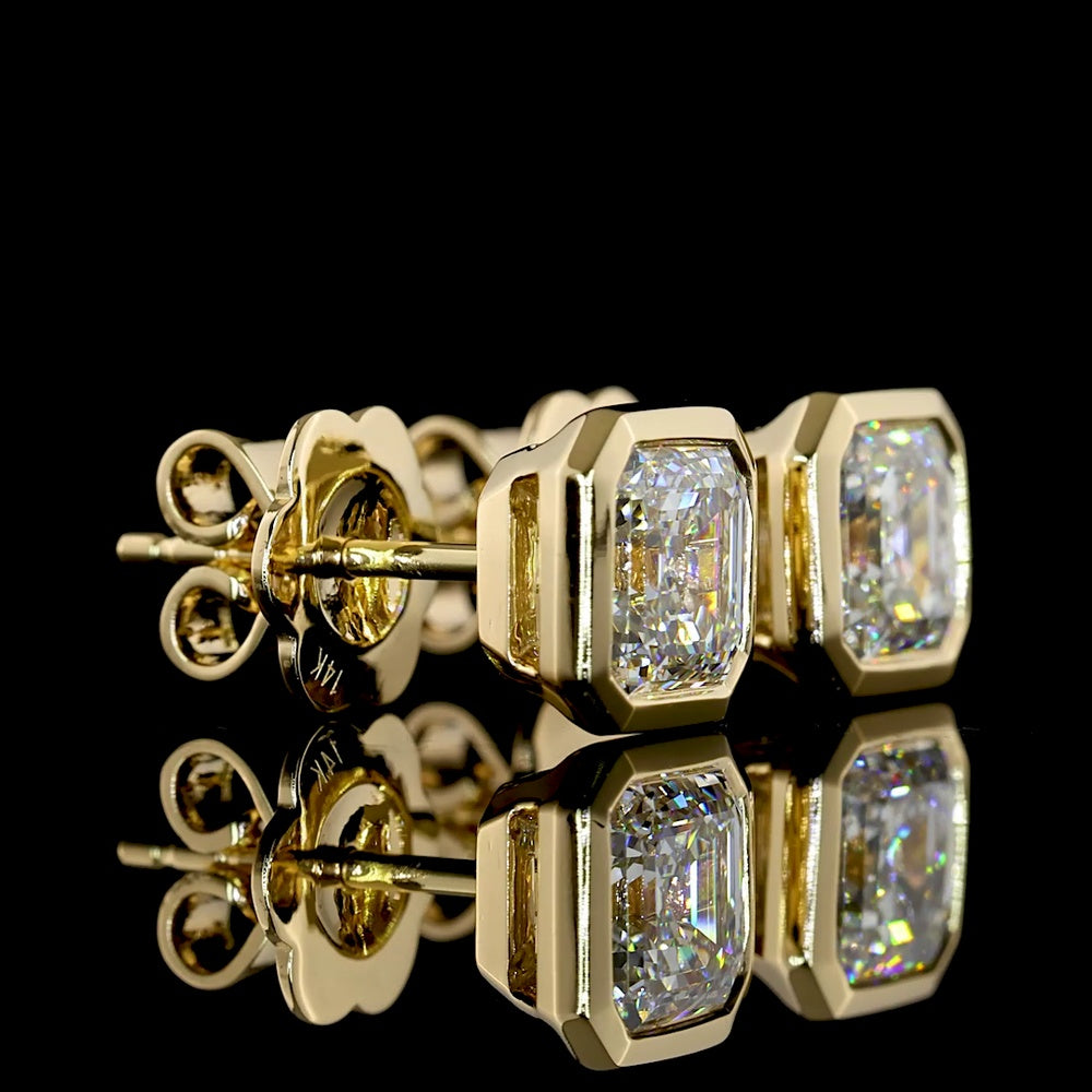 14K Yellow Gold Asscher Cut Lab Diamond Bezel Set Stud Earrings - 2.07 Carat Total Weight, D Color, VS1/VVS2 Clarity, IGI Certified - Covaloro Fine Jewelry