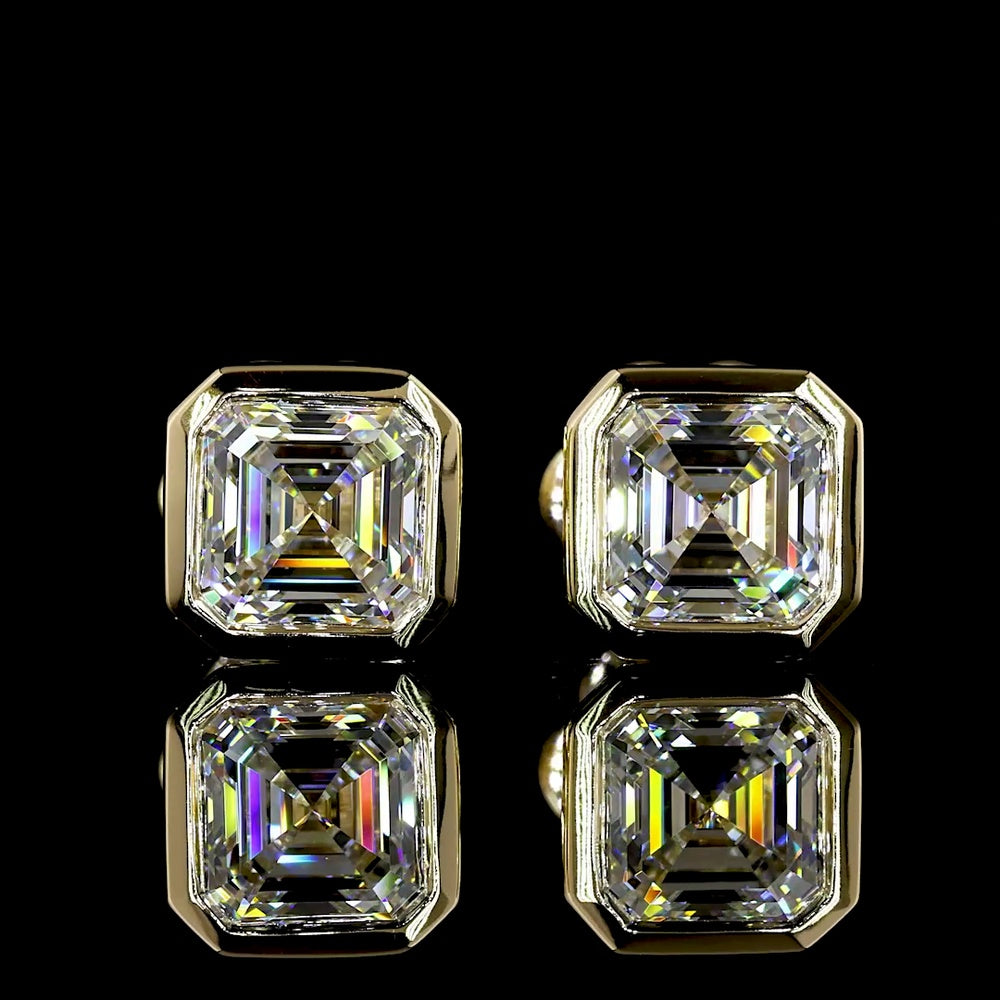 14K Yellow Gold Asscher Cut Lab Diamond Bezel Set Stud Earrings - 2.07 Carat Total Weight, D Color, VS1/VVS2 Clarity, IGI Certified - Covaloro Fine Jewelry