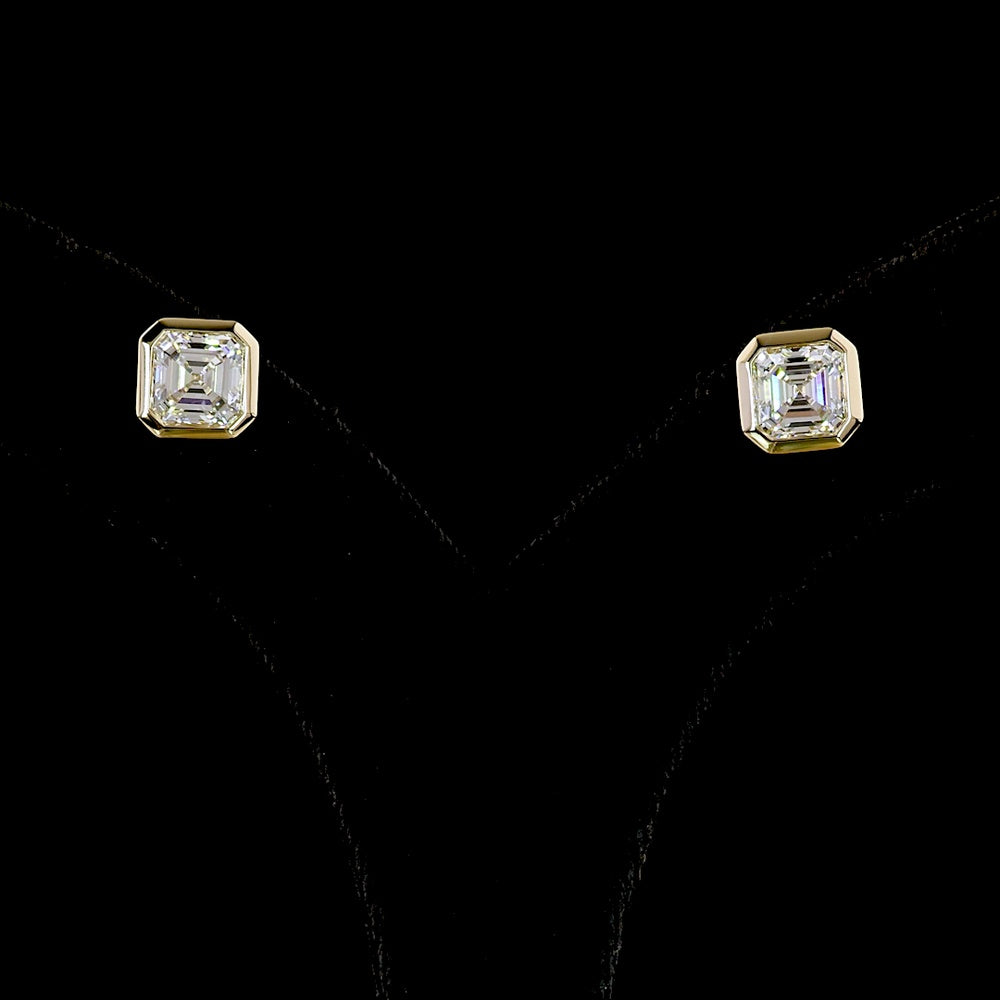14K Yellow Gold Asscher Cut Lab Diamond Bezel Set Stud Earrings - 3.52 Carat Total Weight, E-F Color, VVS2 Clarity, IGI Certified - Covaloro Fine Jewelry
