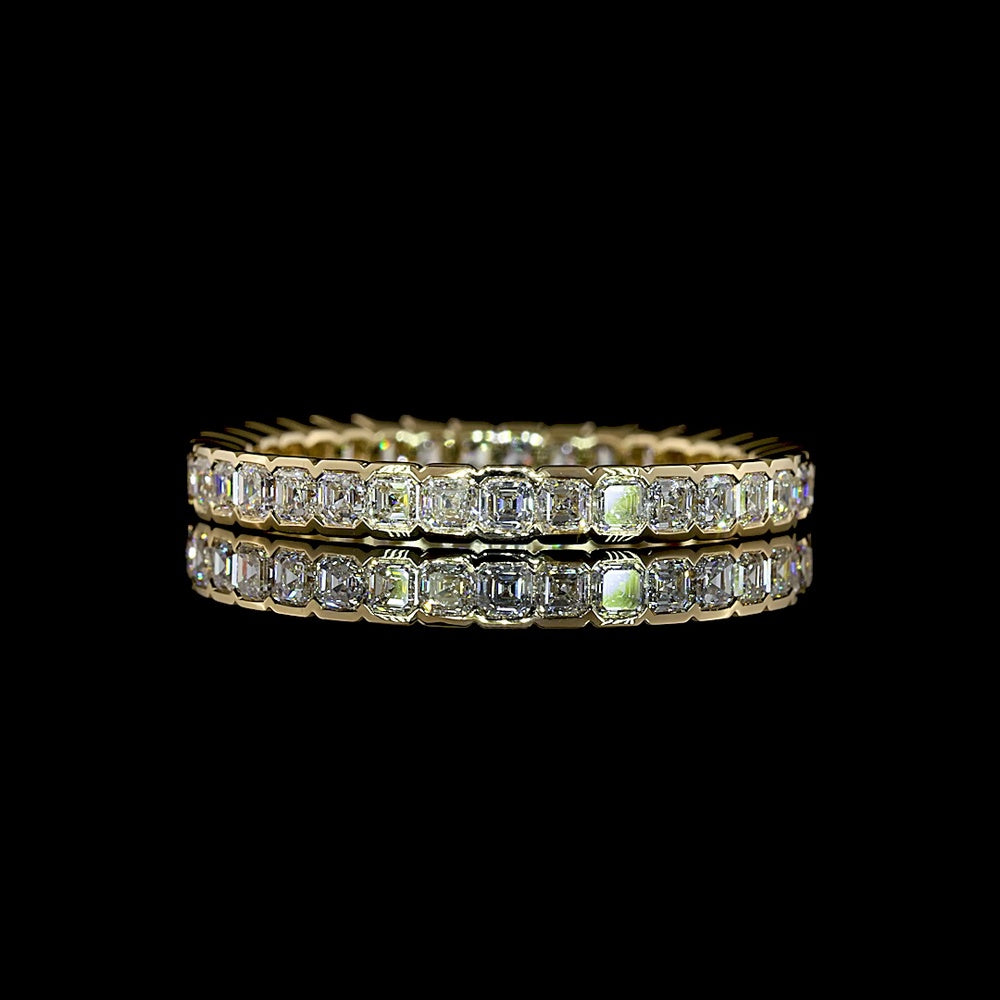 14K Yellow Gold Asscher Cut Lab Diamond Eternity Band with Half Bezel Setting - 1.20 Carat Total Weight, 35 Stones, E-F Color VS1 Clarity - Covaloro Fine Jewelry