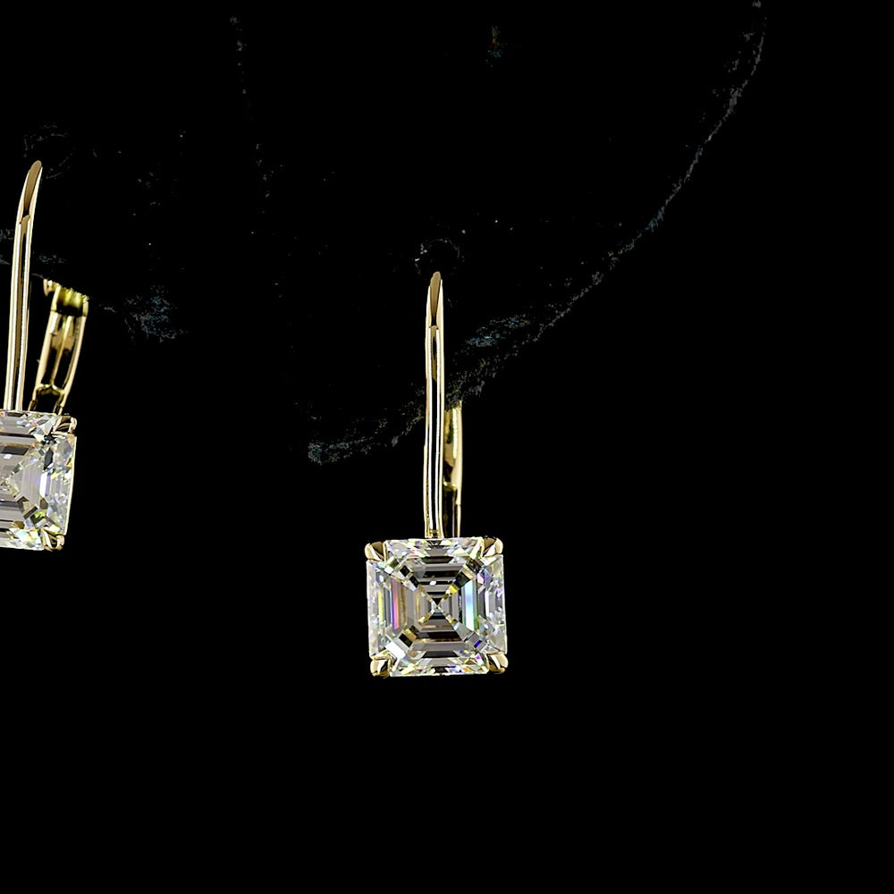 14K Yellow Gold Asscher Cut Lab Diamond Hanging Earrings with Brilliant Cut Accents - 3.17 Carats Total Diamond Weight - Covaloro Fine Jewelry