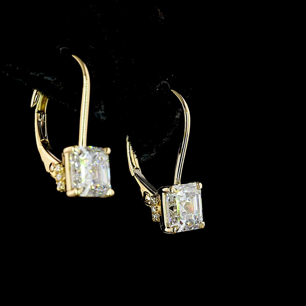 14K Yellow Gold Asscher Cut Lab Diamond Hanging Earrings with Brilliant Cut Accents - 3.17 Carats Total Diamond Weight - Covaloro Fine Jewelry