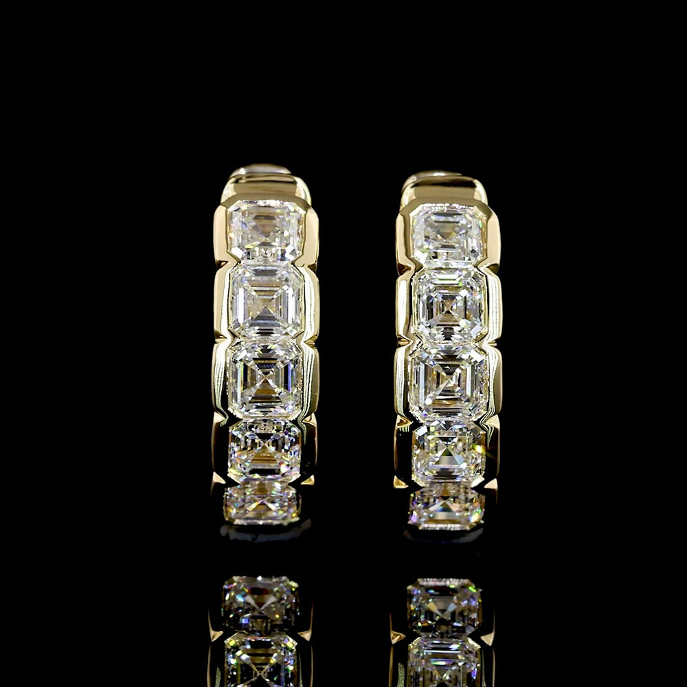 14K Yellow Gold Asscher Cut Lab Diamond Huggie Earrings - 1.00 Carats Total Diamond Weight with Half Bezel Setting and Hinge Back - Covaloro Fine Jewelry