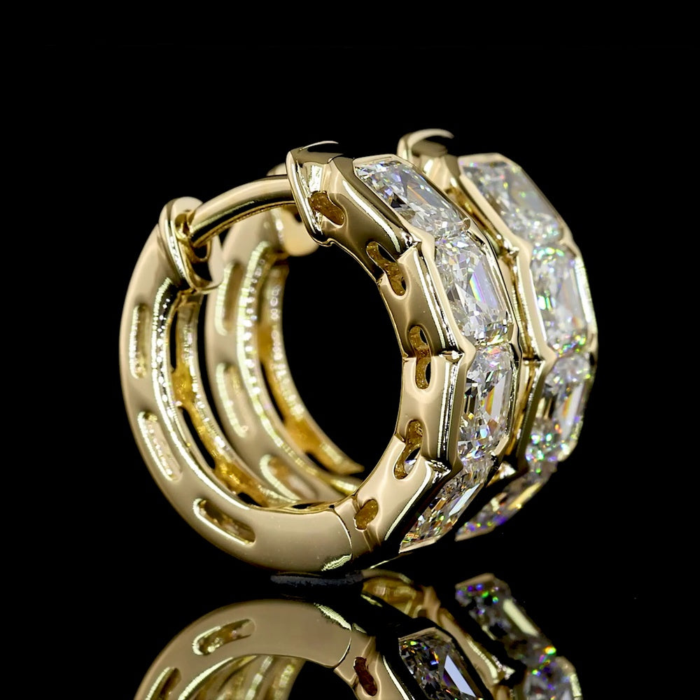 14K Yellow Gold Asscher Cut Lab Diamond Huggie Earrings in Half Bezel Setting - 2.02 Carats Total Diamond Weight - Covaloro Fine Jewelry