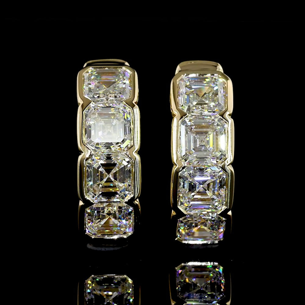14K Yellow Gold Asscher Cut Lab Diamond Huggie Earrings in Half Bezel Setting - 2.02 Carats Total Diamond Weight - Covaloro Fine Jewelry