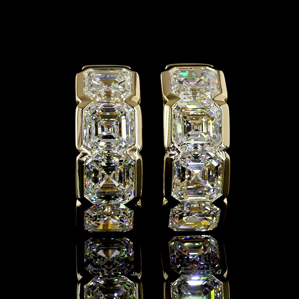 14K Yellow Gold Asscher Cut Lab Diamond Huggie Earrings with Half Bezel Setting - 5.80 Carat Total Diamond Weight - Covaloro Fine Jewelry