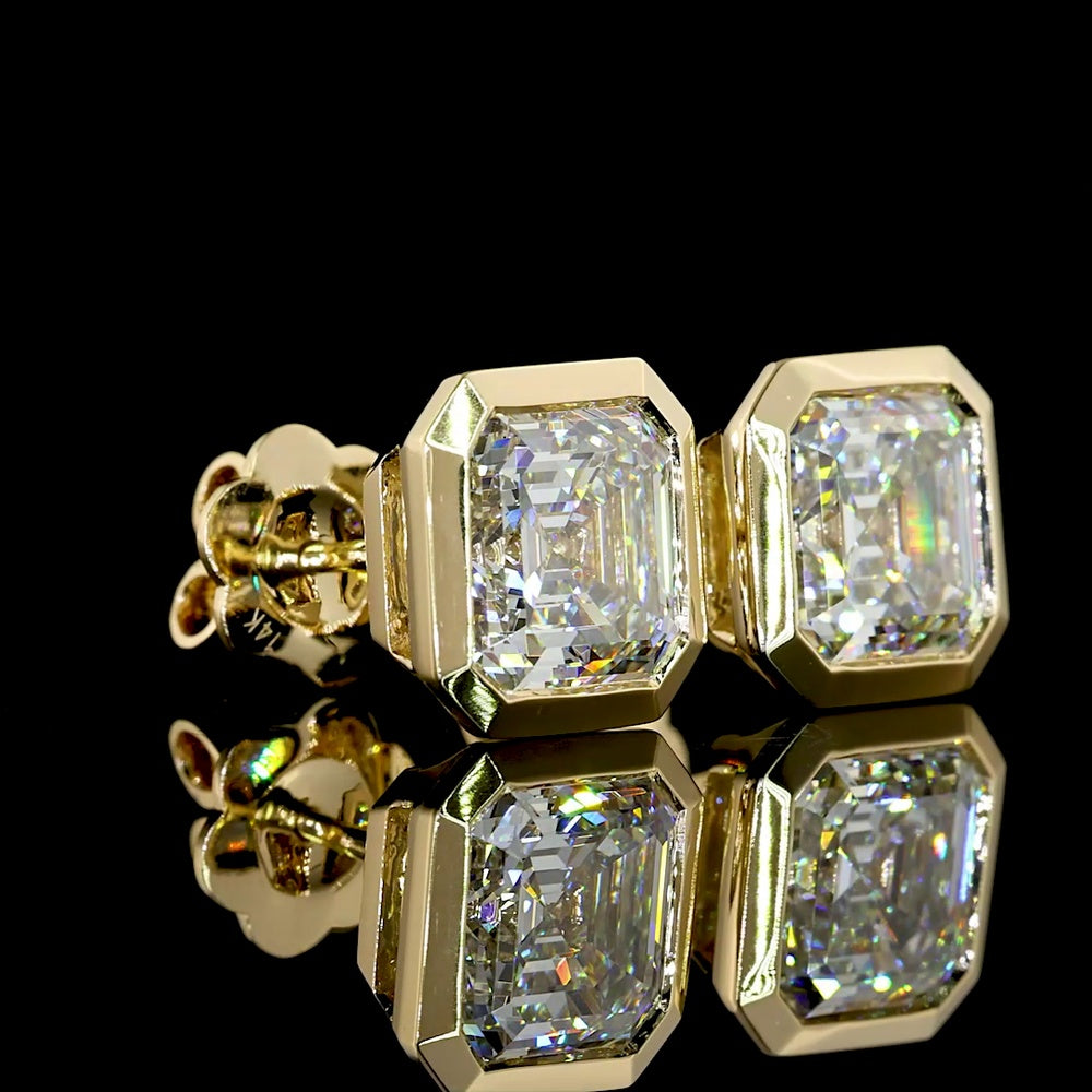 14K Yellow Gold Asscher Cut Lab Diamond Stud Earrings - 5.07 Carat Total Weight, Bezel Set with E Color VS1/VVS2 Clarity, IGI Certified - Covaloro Fine Jewelry