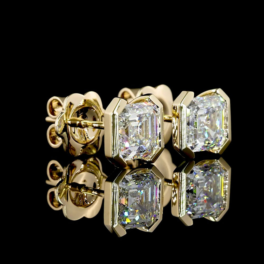 14K Yellow Gold Asscher Cut Lab Diamond Stud Earrings with Half Bezel Setting - 2.05 Carat Total Weight - Covaloro Fine Jewelry