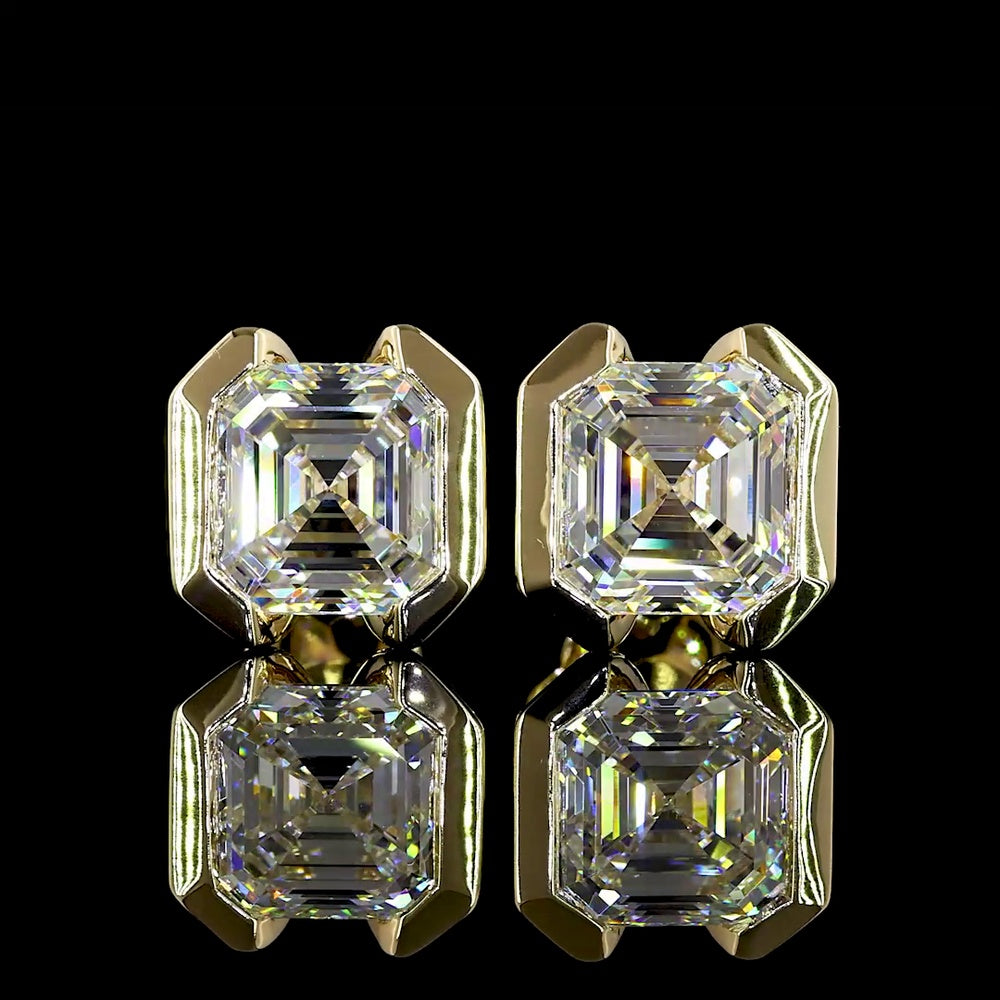 14K Yellow Gold Asscher Cut Lab Diamond Stud Earrings with Half Bezel Setting - 4.04 Carat Total Weight (E-F VS1 Clarity) - Covaloro Fine Jewelry
