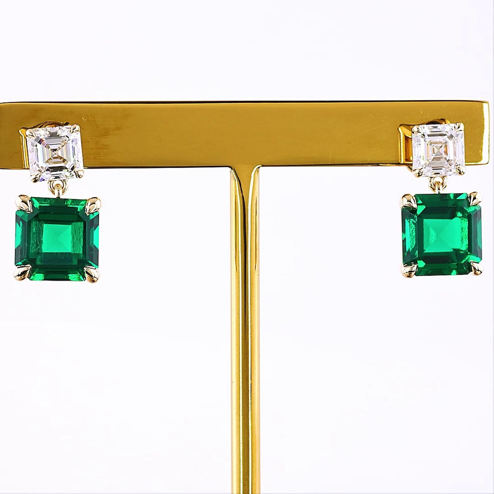 14K Yellow Gold Asscher Cut Lab Green Emerald and Diamond Drop Earrings - 5.52 Total Carat Weight - Covaloro Fine Jewelry