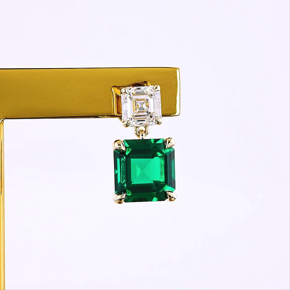14K Yellow Gold Asscher Cut Lab Green Emerald and Diamond Drop Earrings - 5.52 Total Carat Weight - Covaloro Fine Jewelry