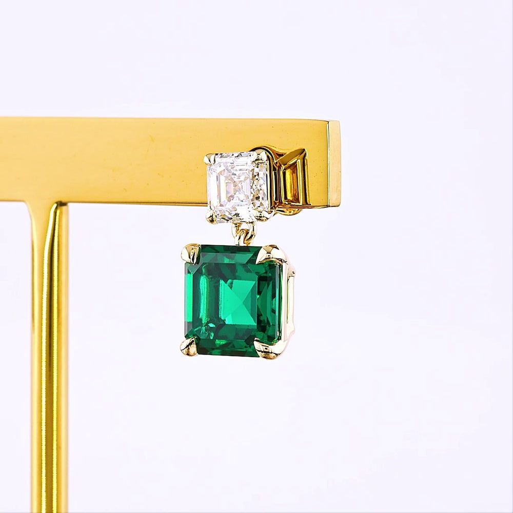 14K Yellow Gold Asscher Cut Lab Green Emerald and Diamond Drop Earrings - 5.52 Total Carat Weight - Covaloro Fine Jewelry