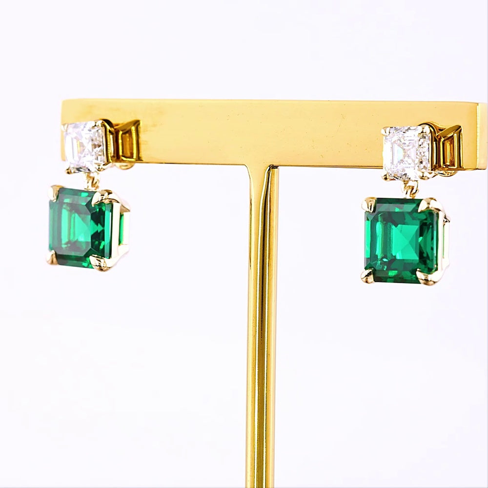 14K Yellow Gold Asscher Cut Lab Green Emerald and Diamond Drop Earrings - 5.52 Total Carat Weight - Covaloro Fine Jewelry