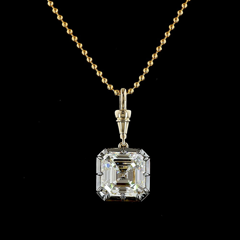 14K Yellow Gold Asscher Cut Solitaire Pendant with Black Rhodium Accents - 5.00 Carat Lab Grown Diamond (E-F Color, VVS2 Clarity, IGI Certified) - Covaloro Fine Jewelry