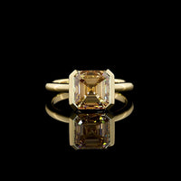 14K Yellow Gold Asscher Cut Solitaire Ring with 3.09 Carat Lab Created Glowing Champagne Color Stone in Half Bezel Setting - Covaloro Fine Jewelry