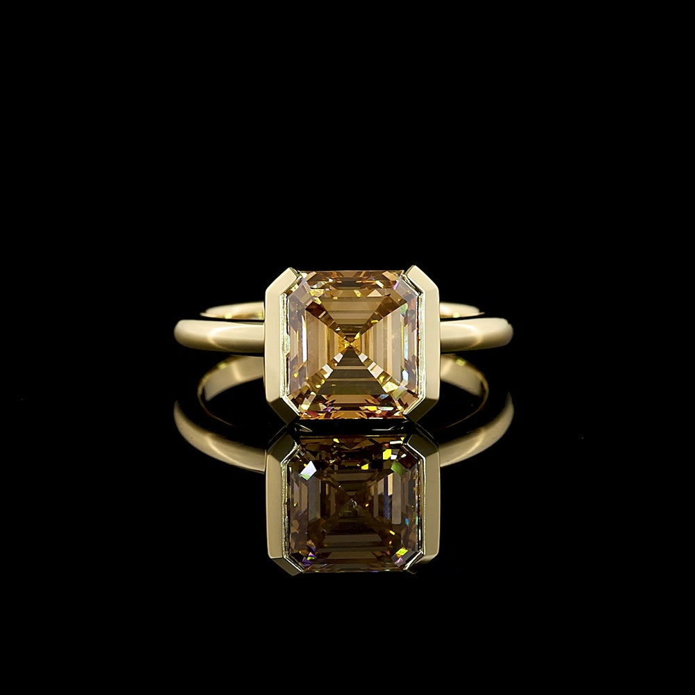 14K Yellow Gold Asscher Cut Solitaire Ring with 3.09 Carat Lab Created Glowing Champagne Color Stone in Half Bezel Setting - Covaloro Fine Jewelry