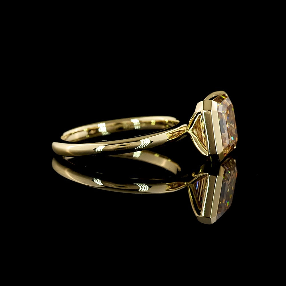 14K Yellow Gold Asscher Cut Solitaire Ring with 3.09 Carat Lab Created Glowing Champagne Color Stone in Half Bezel Setting - Covaloro Fine Jewelry