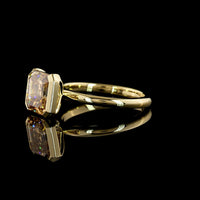 14K Yellow Gold Asscher Cut Solitaire Ring with 3.09 Carat Lab Created Glowing Champagne Color Stone in Half Bezel Setting - Covaloro Fine Jewelry