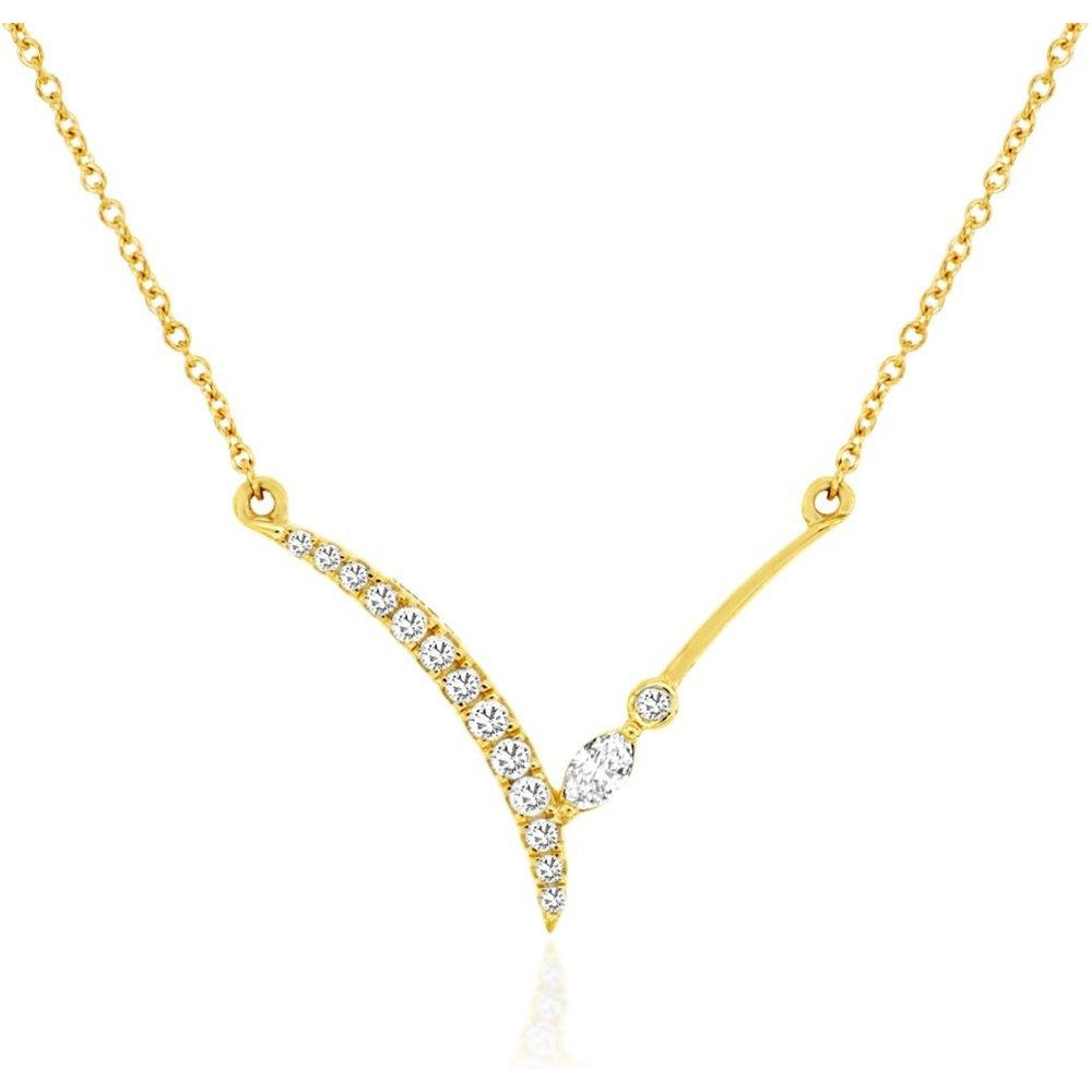 14K Yellow Gold Asymmetric Curved Diamond Pendant Necklace with Round Prong-Set Diamonds - 0.20 Carat Total Diamond Weight - Royal Jewelry